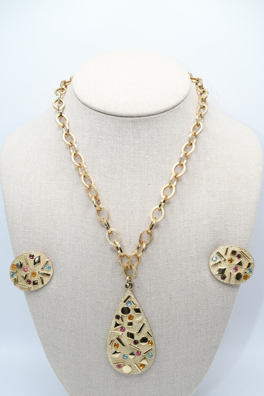 Vintage Sarah Coventry Sultana Confetti Necklace Earrings Set Gold Tone 1959